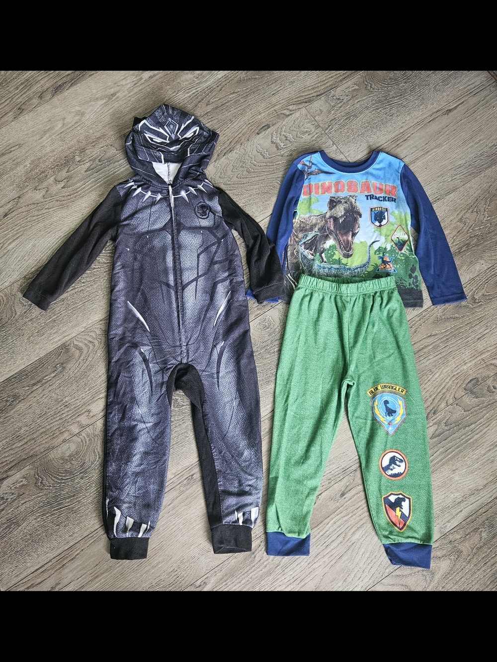 Kids Black Panther Hooded One-Piece & Dino Pajama Set